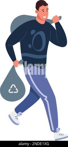 Man carrying trash bags. Rubbish waste recycle isolated on white background Stock Vector