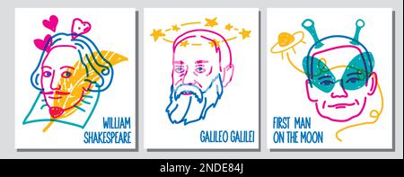 Line illustration of famous people Armstrong, william Shakespeare, Galileo Stock Vector