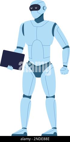Robot hold tablet. Futuristic electronic cartoon character isolated on white background Stock Vector