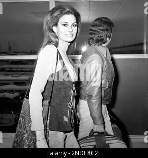 File photo dated 08/01/71 of Raquel Welch arrives at Heathrow airport with husband Patrick Curtis. Fantastic Voyage star Raquel Welch has died at the age of 82, her manager and family have confirmed. Issue date: Wednesday February 15, 2023. Stock Photo