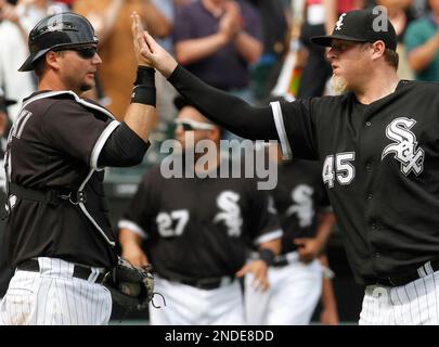 Chicago White Sox closer Bobby Jenks reacts after getting the