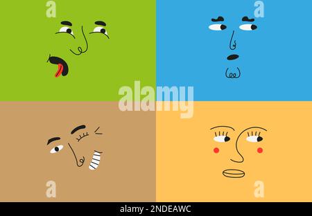 Funny faces icon set vector in cartoon style. Colorful circle bubble grimace character in simple Stock Vector