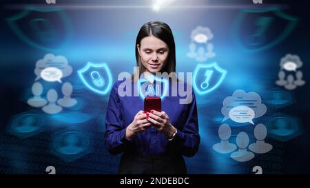 Young woman using artificial intelligence on smartphone for business work leisure Stock Photo
