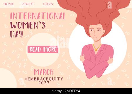 Embrace equity woman embrace yourself 2023 pink square web page landing template. . International womens day concept, self love, self care. Stock Vector