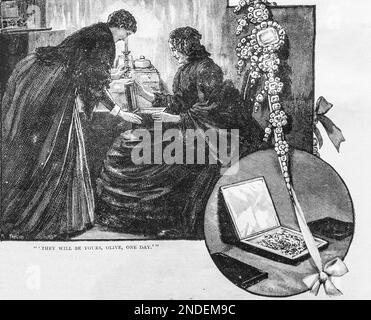 A 19th century sketch of two women, mother and daughter, looking at a jewellery box, entitled, “they will be yours, Olive, one day’  from the Girls Own Paper of 1887. Stock Photo