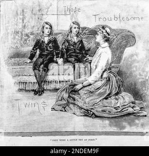 A 19th century sketch showing two young boys, dressed in identical clothes while their mother sits on the floor entitled ‘ Those Troublesome Twins’   from the Girls Own Paper of 1887. Stock Photo