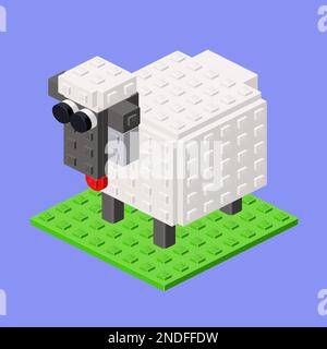 Sheep assembled from plastic blocks on a blue background in isometric style for print and design. Vector illustration. Stock Vector
