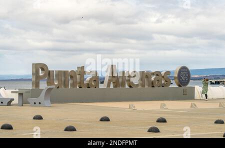 Punta Arenas, Chile - 27 January 2023: Commemorative sign for 500 years since Magellan arrived Stock Photo