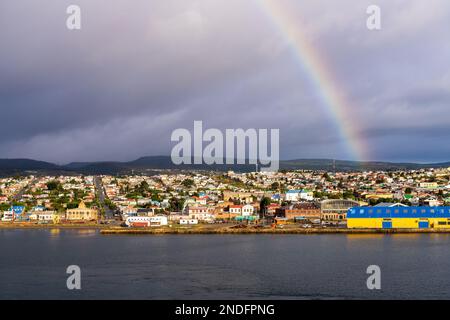 Punta Arenas - Chile: 27 January 2023: Sunlight on the city of Punta Arenas on Magellan Strait Stock Photo