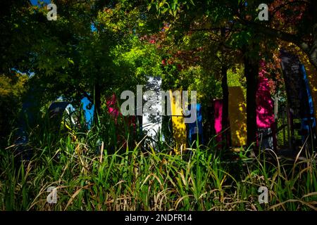 Paris, France, Oct 2022, view of colorful metal panels in the Jardin du Dragon, Park of the Villette Stock Photo