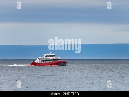 Punta Arenas, Chile - 27 January 2023: Fiordos del Sur catamaran offers tours to Chilean fjords Stock Photo