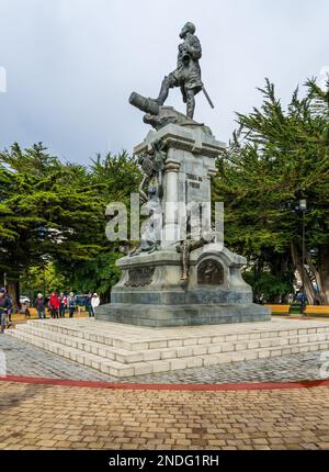 Punta Arenas, Chile - 27 January 2023: Statue to Ferdinand Magellan in the main square of Punta Arenas Stock Photo