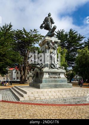 Punta Arenas, Chile - 27 January 2023: Statue to Ferdinand Magellan in the main square of Punta Arenas Stock Photo