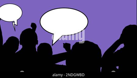 Image of speech bubbles with copy space and silhouettes of people on blue background Stock Photo