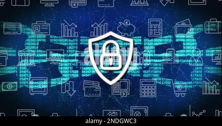 Composition of padlock icons over business icons and chains with data processing and connections Stock Photo