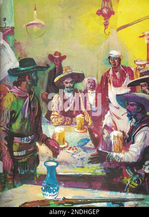 Wild West painting. Old illustration shows two trappers. Vintage black ...