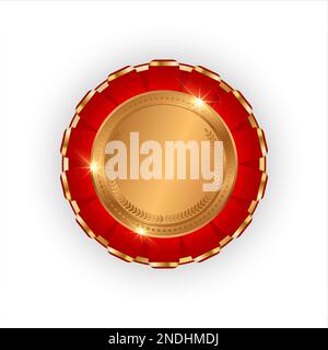 Realistic golden award decorated with red ribbon. Gold medal 1st place ...