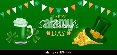 Banner for St. Patricks Day. Congratulatory background with green beer, shamrock, gold, Leprechaun hat and flags in the colors of the Irish flag Stock Vector