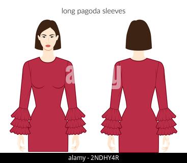 Pagoda sleeves long length clothes character beautiful lady in red top, shirt, dress technical fashion illustration, fitted body. Flat apparel template front, back sides. Women, men unisex CAD mockup Stock Vector