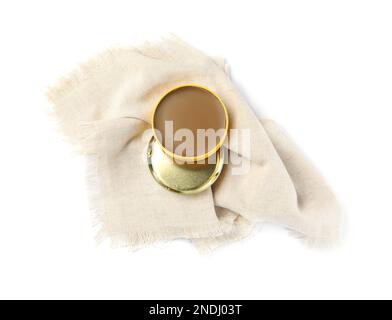 Shoe care polish and cloth on white background, top view Stock Photo