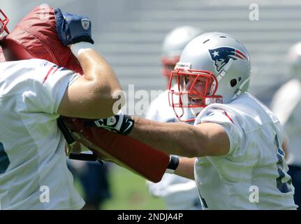 New England Patriots guard Stephen Neal (61) and offensive lineman John Wise  (71) during their afternoon training camp in Foxborough, Mass., Thursday,  July 29, 2010.(AP Photo/Charles Krupa Stock Photo - Alamy