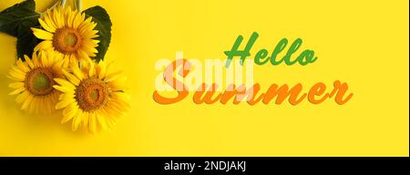 Hello Summer. Beautiful bright sunflowers on yellow background, flat lay Stock Photo