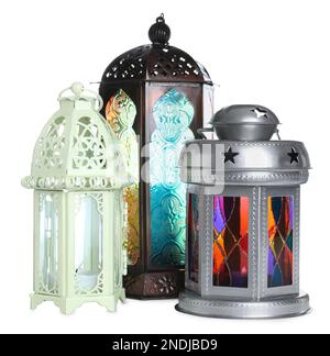 Different decorative Arabic lanterns on white background Stock Photo