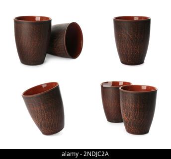 Set with clay cups on white background Stock Photo
