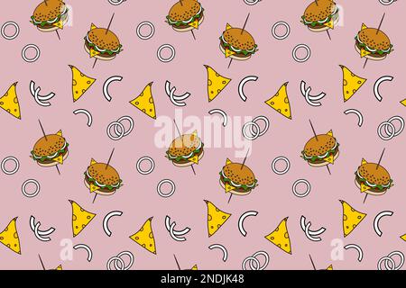 Seamless Pattern of a hamburger on a skewer, cheese and onions in trendy shades on a pale pink background. Happy hamburger day. Design for wrapping or wallpaper, web or cards, advertising or label Stock Vector