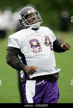 Minnesota Vikings defensive tackle Pat Williams looks at a replay