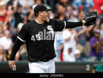 Chicago White Sox closer Bobby Jenks reacts after getting the final out  against the Houston Astros in the ninth inning in game 4 of the World  Series, October 26, 2005 in Houston