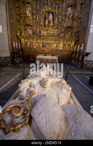 Alabaster tomb of Bishop Alonso Luis Osorio de Acuña with retable of Tree of Jesse, father of King David, in background, Chapel of St Anne, Cathedral Stock Photo