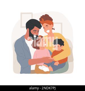 Family hugs isolated cartoon vector illustration. Parents hugging two children, family happy moment, winter holiday, leisure time, express love, sharing hugs, relationship vector cartoon. Stock Vector