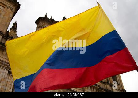 Demonstrators wave and carry Colombian flags during the demonstrations against the reform proposals of Colombian president Gustavo Petro, in Bogota, Colombia, February 15, 2023. Photo by: Chepa Beltran/Long Visual Press Stock Photo