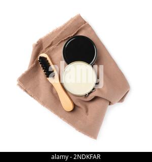 Different shoe care products on white background, top view Stock Photo