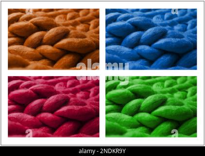 Samples of different wool on white background, collage. Color palette Stock Photo