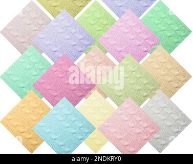 Samples of different wool on white background, collage. Color palette Stock Photo