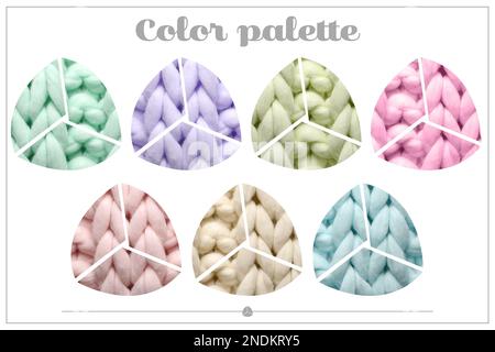 Samples of different wool on white background, collage. Color palette Stock Photo