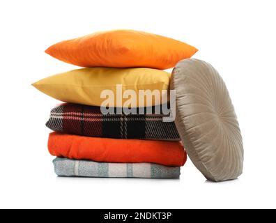 Stylish soft pillows and blankets on white background Stock Photo