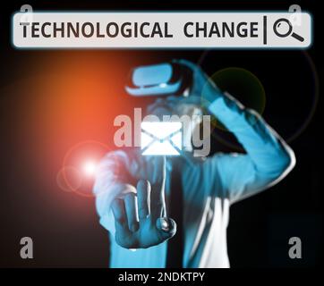 Conceptual caption Technological Change. Business idea increase in the efficiency of a product or process Stock Photo