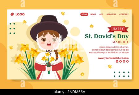 Happy St David's Day Social Media Landing Page Flat Cartoon Hand Drawn Templates Illustration Stock Vector