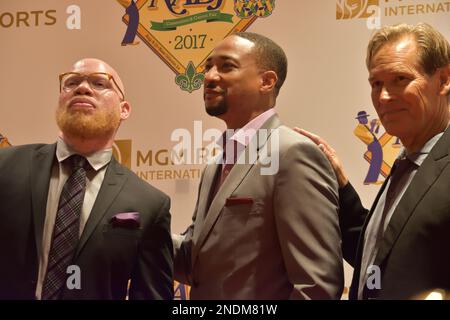 Cast members of CW's Black Lightning Krondon, Damon Gupton, and James Remar photo op on the red carpet at the 2017 NABJ Convention in New Orleans. Stock Photo