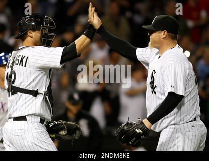 Chicago White Sox closer Bobby Jenks reacts after getting the