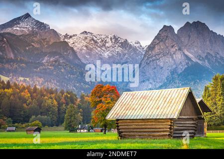 Bavarian alps and rustic farm barns for agriculture, Garmisch, Bavaria ...