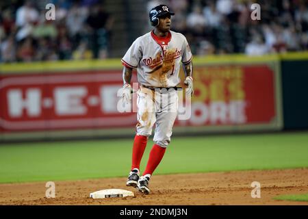 June 20, 2012: Milwaukee Brewers center fielder Nyjer Morgan #2 looks  toward the crowd while standing on deck. The Brewers defeated the Blue Jays  8-3 at Miller Park in Milwaukee, WI. John