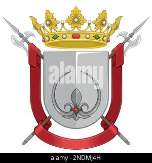 Middle ages heraldic shield vector design, coat of arms with fleur de lis heraldic symbol, with halberd, crown and ribbon Stock Vector