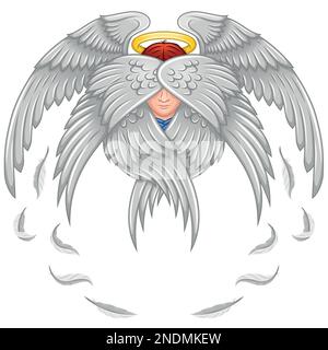 Vector design of seraph with six wings, angelic face of catholic religion, archangel with halo and feathers Stock Vector