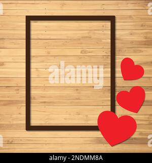 Photo frame and paper hearts on a wooden sign. Valentine's Day background. Vector illustration Stock Vector