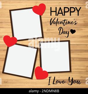 Valentines vector background. Happy valentines day greeting text with red hearts and photo frame elements in white wooden texture background. Stock Vector