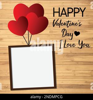 Valentines vector background. Happy valentines day greeting text with red hearts and photo frame elements in white wooden texture background. Stock Vector